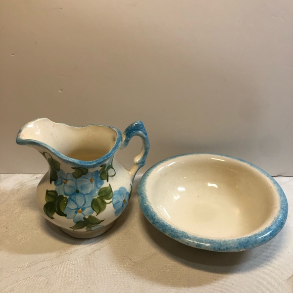 1940’s Cash Family Pottery Erwin Tennessee Small Hand Painted Pitcher Wash Basin - Picture 2 of 13